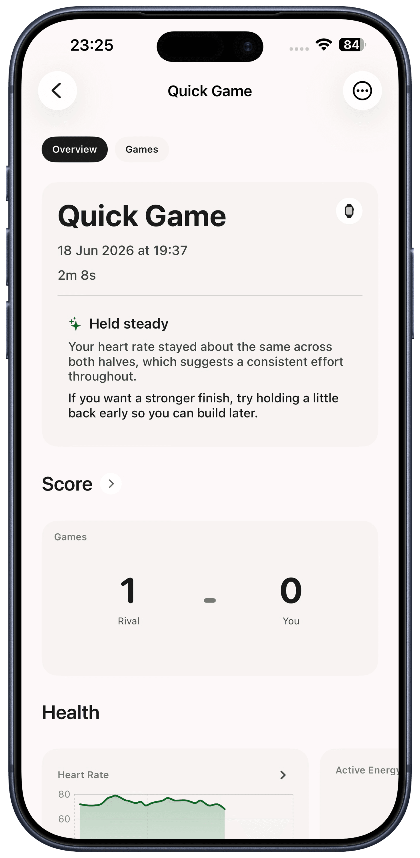 CourtSense iPhone tennis session overview with score and health insights